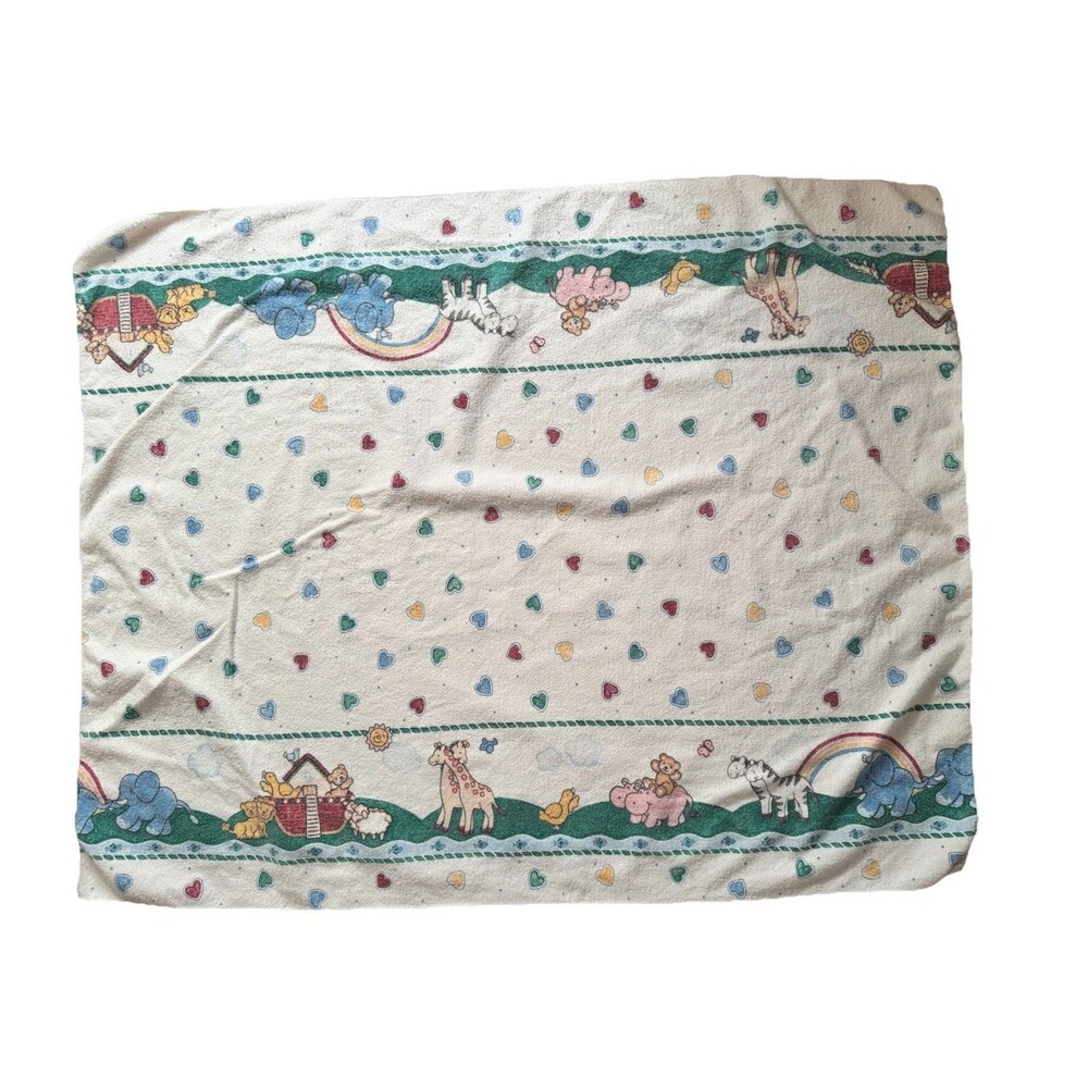 1990s Baby Blanket Noah’s Ark Animals Rainbows Vtg Receiving Blanket  Hearts